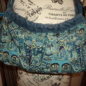 Laurel Burch Blue Kitty Cat Shoulder Bag Purse Fabric Woven Zipper Pocket Tag